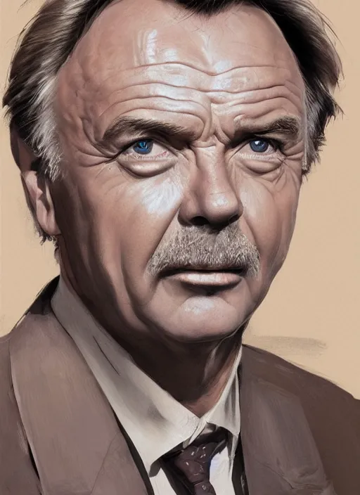 Prompt: portrait of Sam Neill from In The Mouth of Madness (1994), highly detailed, centered, solid color background, digital painting, artstation, concept art, smooth, sharp focus, illustration, Basil Gogos, Joseph Christian Leyendecker, Les Edwards, Ed Repka, WLOP, Artgerm