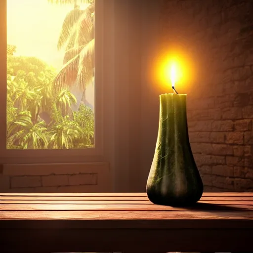 Image similar to a large vase with palms on top of a antique wooden table, vegetables on table and candle, medieval antique concept art, cinematic lightning and colors, vray tracing, rendered in unreal engine, dark lightning, contrast shadows, super detailed, 8 k