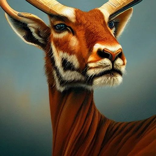 Image similar to a dramatic head portrait of a antelope in!!! tiger!!! skin, cinematic lighting, symmetric face by karol bak, christopher balaskas