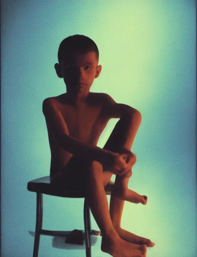 Prompt: boy in dark room sitting on a chair infront of tv, blue rays from tv, redshift, wide shot, coloured polaroid photograph, pastel, kodak film, hyper real, stunning moody cinematography, by maripol, fallen angels by wong kar - wai, style of suspiria and neon demon, david hockney, detailed, oil on canvas