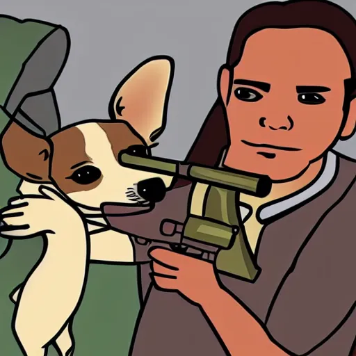 Image similar to chihuahua holding a sniper, cartoon