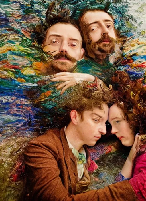 Prompt: detailed colourful masterpiece of photography by anne leibovitz couple portrait sat down extreme closeup, love, inside an underwater train, detailed realistic expressions, wearing unusual clothes, tsunami, by ford madox brown and william powell frith