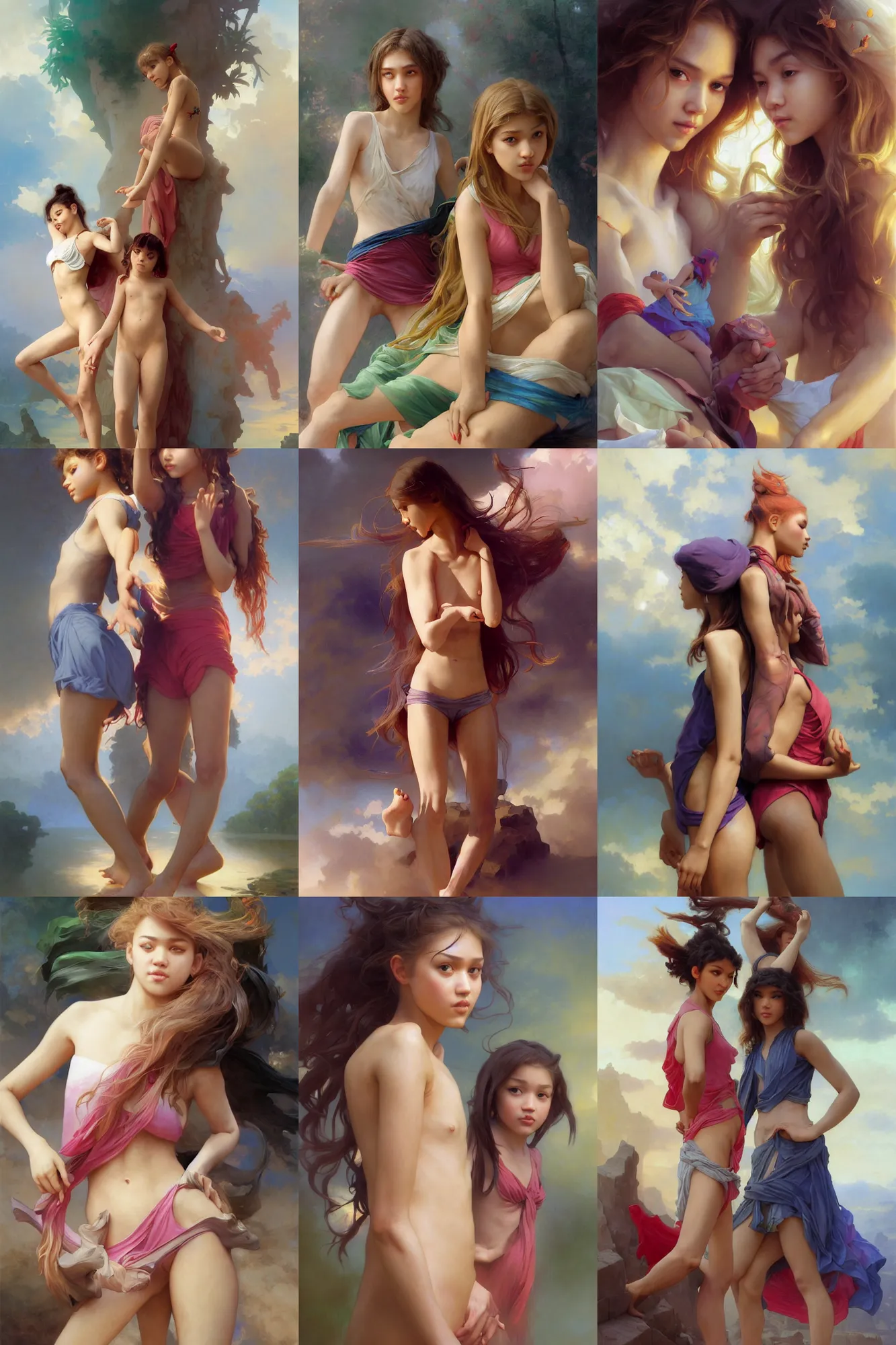 Prompt: Vibrant depiction of Barefoot Jessica Alba girl and Zendaya girl by Ruan Jia and Mandy Jurgens and William-Adolphe Bouguereau, Artgerm, 4k, digital art, surreal, space dandy style, highly detailed, godsend, artstation, digital painting, concept art, smooth, sharp focus, illustration by Ruan Jia and Mandy Jurgens and William-Adolphe Bouguereau