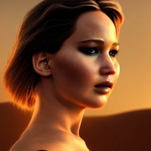 Image similar to jennifer lawrence giesha demon, innovative avant - garde art, deco fashion, asian women, highly detailed, photorealistic portrait, serene desert setting, golden hour, crisp quality and light reflections, octane render