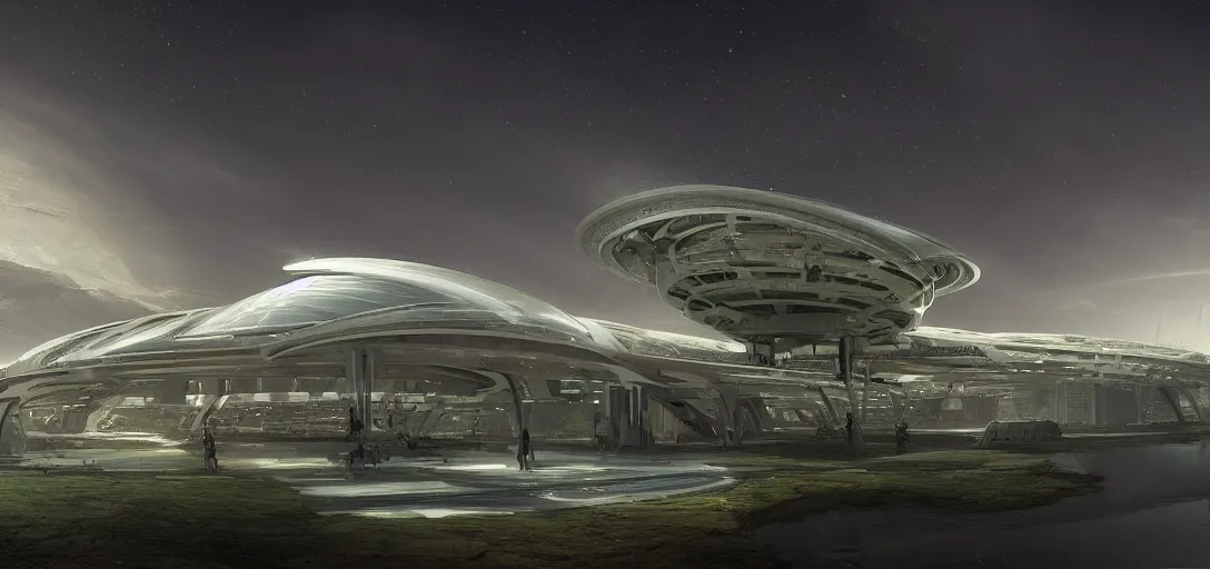 Image similar to a futuristic solarpunk spaceport, designed by norman foster, sci - fi, digital art by paul chadeisson