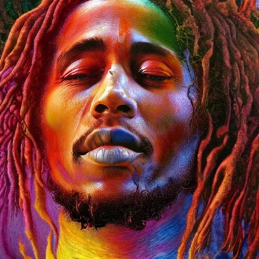 Image similar to colour masterpiece surreal closeup portrait photography of bob marley by miho hirano and annie leibovitz and michael cheval, weird surreal epic psychedelic complex biomorphic 3 d fractal landscape in background by kilian eng and roger dean and salvador dali and beksinski, 8 k