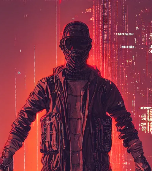 Image similar to a cyberpunk man with a glitching face, techwear, Industrial Scifi, detailed illustration, character portrait, by Martin Grip and Moebius