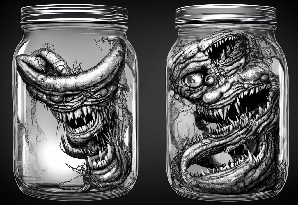 Image similar to Photorealistic miniature monster inside a jar on clean background by H.R. Giger, KDA and Sam Yang, trending on artstation