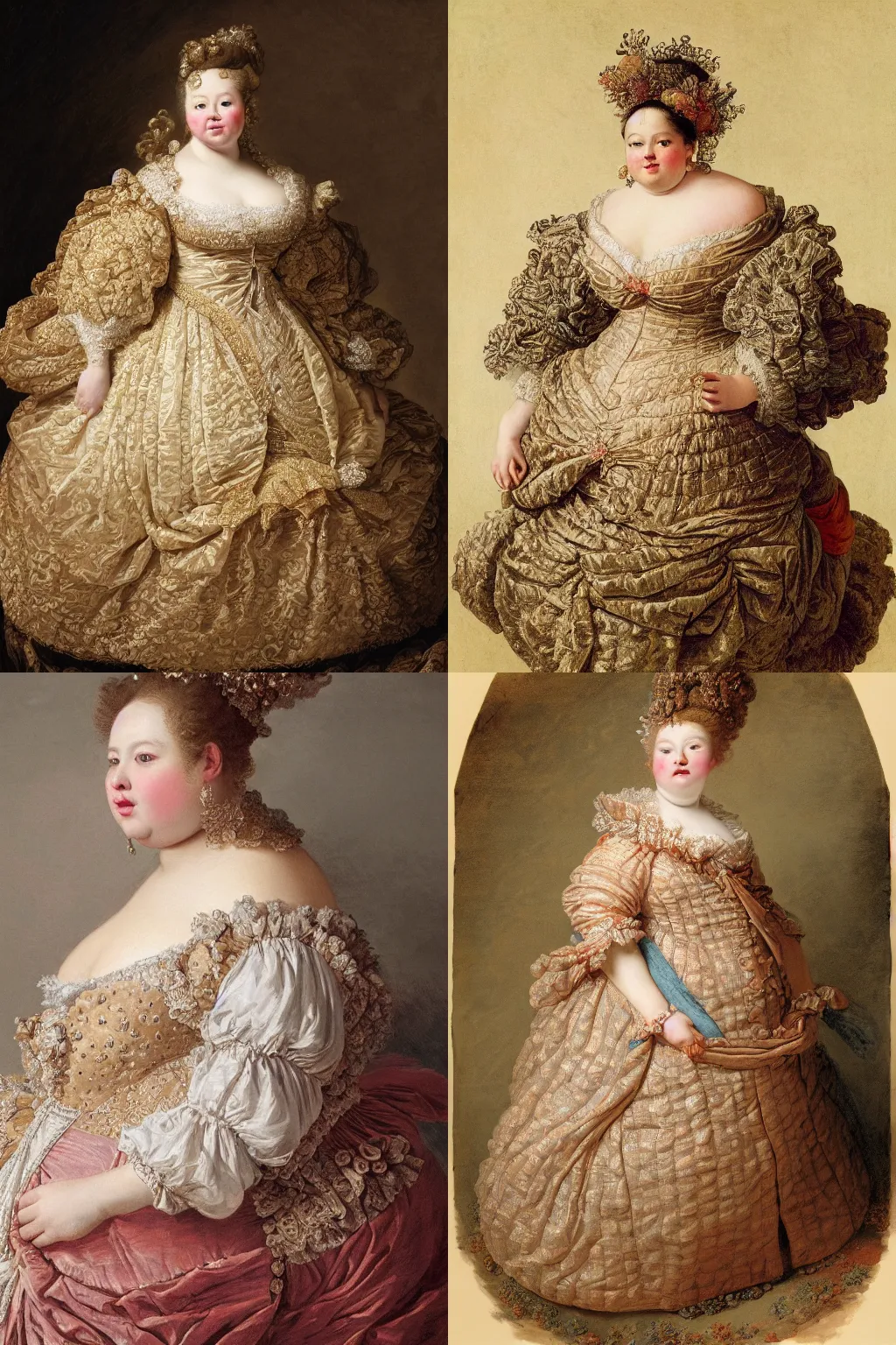 Prompt: hyper detailed portrait of a chubby queen wearing an intricate brocade dress | Jean-Honoré Fragonard | d&d | hyperrealistic | golden filigrees |