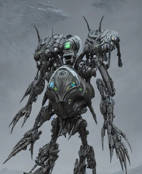 Image similar to a heavily armoured insectoid mech, by hr giger and beksinski and stephan martiniere, 4 k resolution, detailed, 3 d render, unreal engine, octane render, trending on artstation