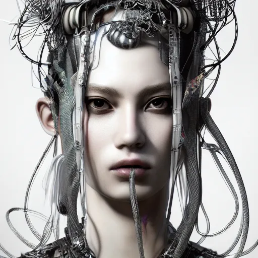 Image similar to the portrait of an absurdly beautiful, graceful, sophisticated, fashionable cyberpunk gravure idol, an ultrafine hyperdetailed illustration by kim jung gi, irakli nadar, matt wisniewski, fashion photography, intricate linework, iridescent wiring, porcelain skin, unreal engine 5 highly rendered, global illumination, radiant light, detailed and intricate environment