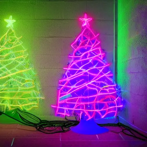 Image similar to a christmas tree made out of neon lights in a dark room, hyperrealistic photograph