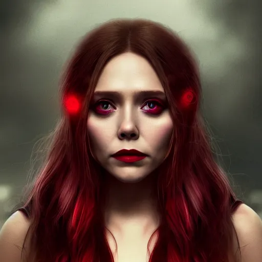 Prompt: Elizabeth Olsen as the Scarlet Witch in emo attire and dark eyeliner, trending on artstation, gloomy atmosphere, photorealistic facial features, 4k, 8k