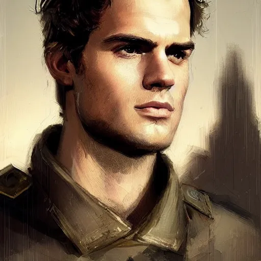 Image similar to “Portrait of Henry William Dalgliesh Cavill by Greg Rutkowski, he is about 20 years old, norwegian, short blond hair, young, manly, attractive, strong, older brother vibes, he is wearing futuristic military fatigues, highly detailed portrait, scifi, digital painting, artstation, concept art, smooth, sharp foccus ilustration, Artstation HQ”