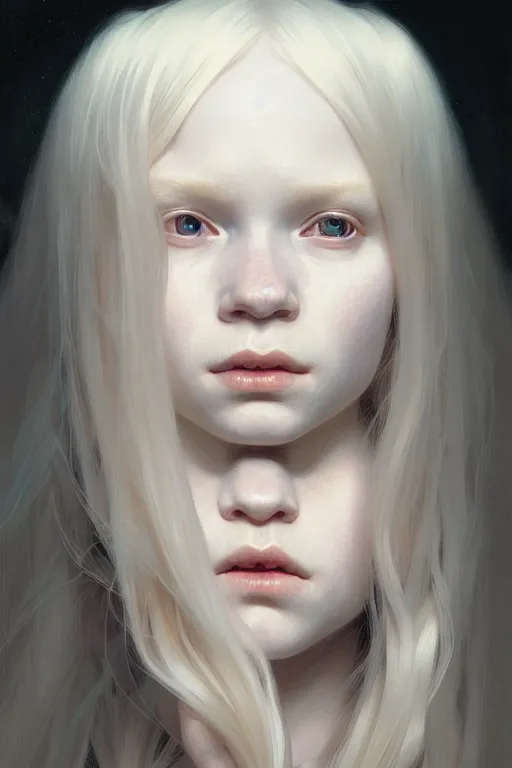 Image similar to Close-up portrait of young albino girl, long blonde hair, dark fantasy, portrait, highly detailed, digital painting, artstation, concept art, sharp focus, illustration, art by artgerm and greg rutkowski and alphonse mucha