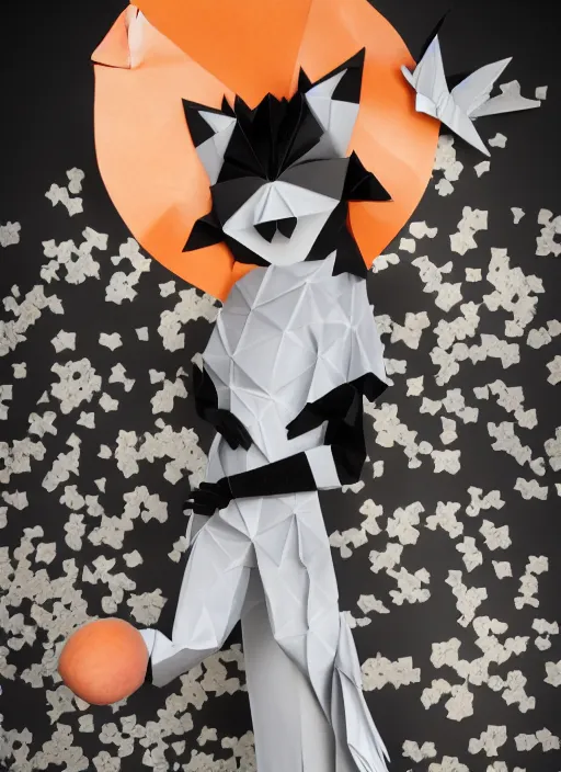 Image similar to < https : / / s. mj. run / mlo _ i - 3 cazg > paper metropolis made out of origami paper, anthropomorphic cat woman wearing a flowing black and white dotted dress, paper origami, many origami peach and sakura flowers, heavenly light, 3 d, very detailed, octane render, trending artstation, artgem