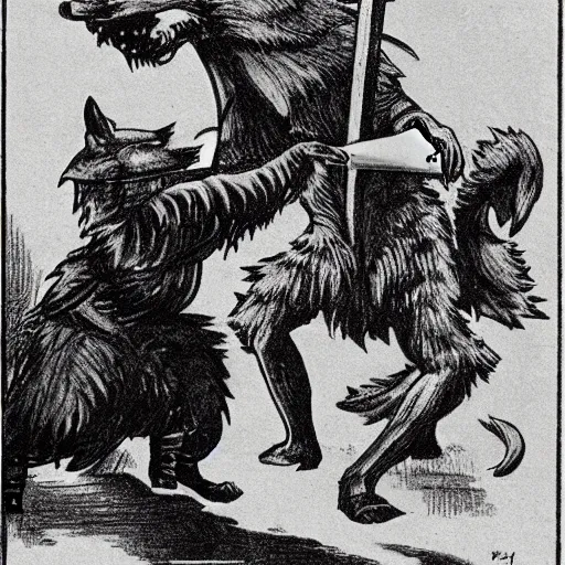 Image similar to anthropomorphic fox man fights in front of a castle against evil knight who is twice as tall, 1910s film scene