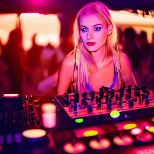 Image similar to A young, blonde-haired woman with soft facial features and blue eyes, 35mm photograph, neon lights in the background, DJing at coachella