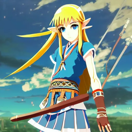 Image similar to a beautiful! young feminine link from botw, wearing japanese catholic school girl outfit with mayan pattern and native style, aztec street fashion, guilty gear art direction, perfect anime face, gapmoe yandere grimdark, trending on pixiv fanbox, painted by greg rutkowski makoto shinkai takashi takeuchi studio ghibli, akihiko yoshida