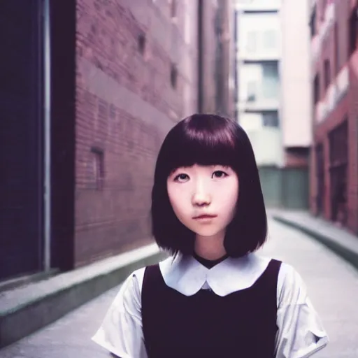 Image similar to a perfect 8K HD professional photo of close-up japanese schoolgirl posing in sci-fi dystopian alleyway, at instagram, Behance, Adobe Lightroom, taken with polaroid kodak portra