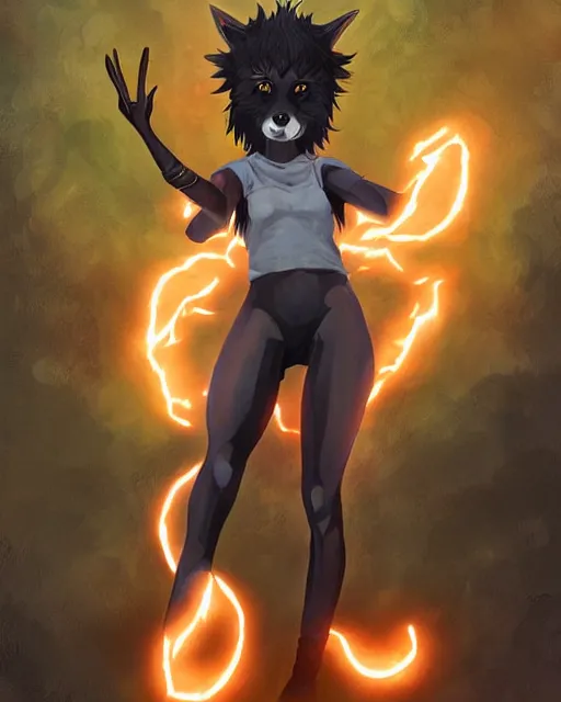 Image similar to anime wolfgirl with shaggy black hair, glowing orange eyes, dark grey skin and furry arms, digital art, by Fernanda Suarez and and Edgar Maxence