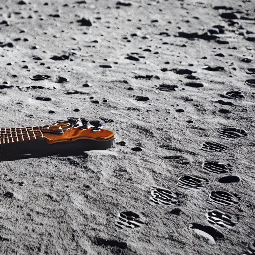 Prompt: photo of a stratocaster electric guitar standing idle on the moon. detailed. 8k