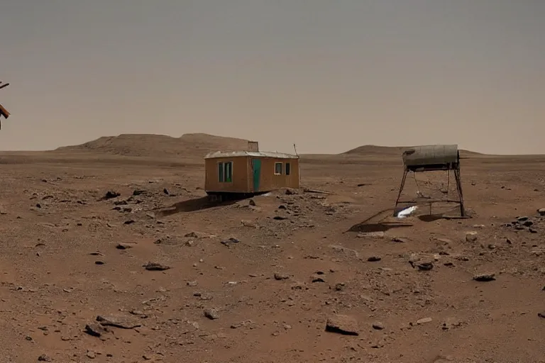 Image similar to an old rickety Soviet village house stands alone on Mars next to which a local resident stands and waves his hand, colourful