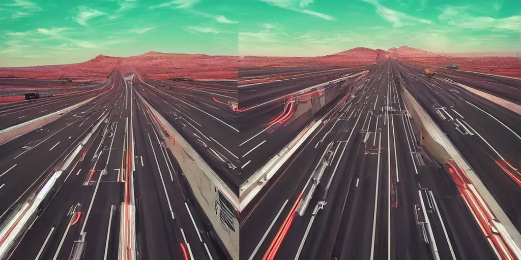 Image similar to “American highway in the style of Beeple and moebius, commercial, distortion, McDonald’s, Elon musk”