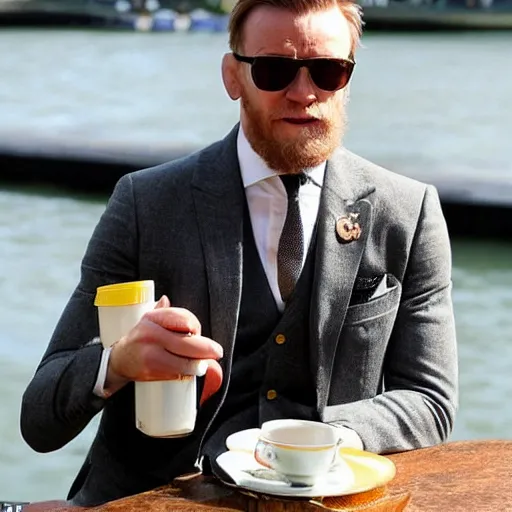 Image similar to mcgregor is dressed as a gentleman at early 2 0 th century paris. he is having a coffee at the banks of river seine. ewan mcgregor has a coffee cup on his hand. next to him is a small brown cat with yellow glowing eyes