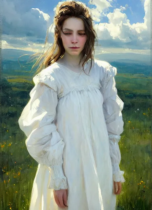 Prompt: portrait of girl dressed in white clothes , countryside, fantasy character portrait, dynamic pose, above view, view from above, sunny day, thunder clouds in the sky, artwork by Jeremy Lipkin and Giuseppe Dangelico Pino and Michael Garmash and rob rey, very coherent symmetrical artwork, perfect face, simple form, 100mm