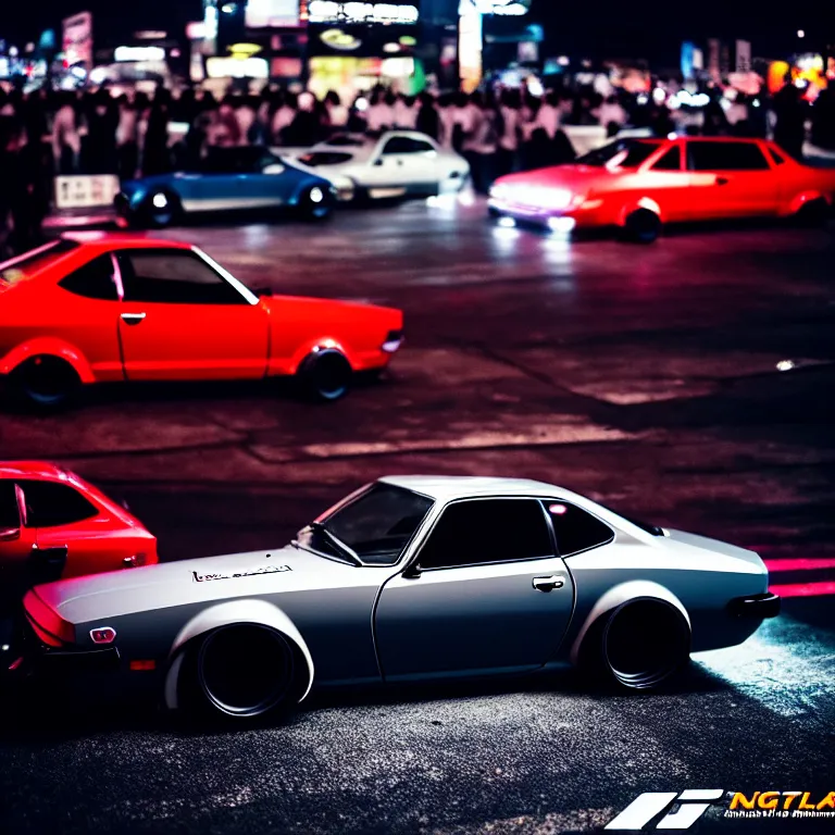 Image similar to a car S30 twin turbo drift at illegal car meet, Shibuya prefecture, city midnight mist lights, cinematic lighting, photorealistic, highly detailed wheels, high detail