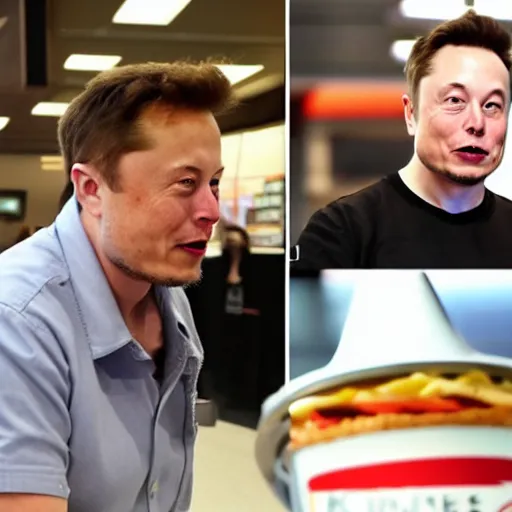 Image similar to elon musk working at burger king, elon musk working the register at a fast food restaurant