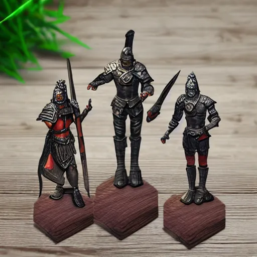 Prompt: 3 d printed fantasy miniature figure warrior on a wooden table photography realistic, detailed