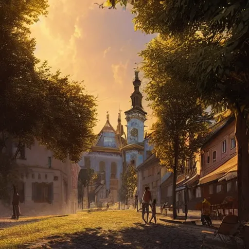 Image similar to a beautiful hyper realistic photo of banska stiavnica in summer with old houses and trees in sunset, sky, people walking on street, unreal engine, by greg rutkowski and james gurney, artstation