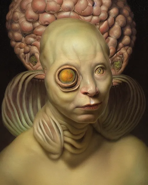 Image similar to strange, looming head, biomorphic painting of a woman with large eyes, pastel colours by, rachel ruysch, and charlie immer, highly detailed, emotionally evoking, head in focus, volumetric lighting, oil painting, timeless disturbing masterpiece