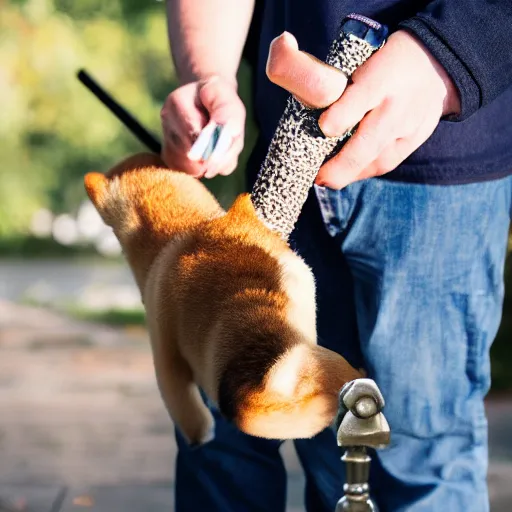 Image similar to close - up photo of shiba inu holding huge mace in paws, standing vertically, ( eos 5 ds r, iso 1 0 0, f / 8, 1 / 1 2 5, 8 4 mm, postprocessed, sharp )