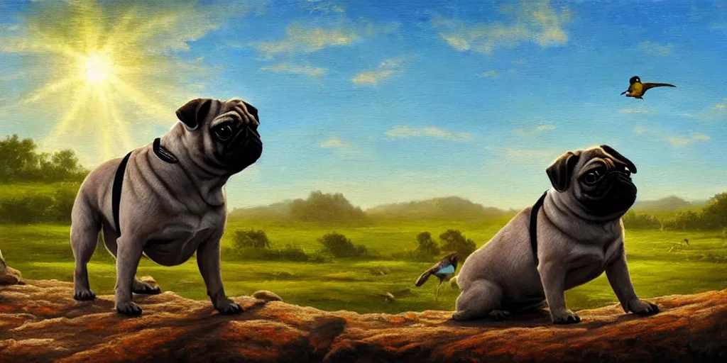Prompt: textured full body of muscular pug dog with backlight , sun rays , big shadows, small bird sihouettes in cyan background , very textured detailed panoramic oil painting by oil painting masters, hard backlight , in dark cave
