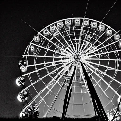 Image similar to a photo of a large abandoned ferris wheel, old, eerie, black and white, night