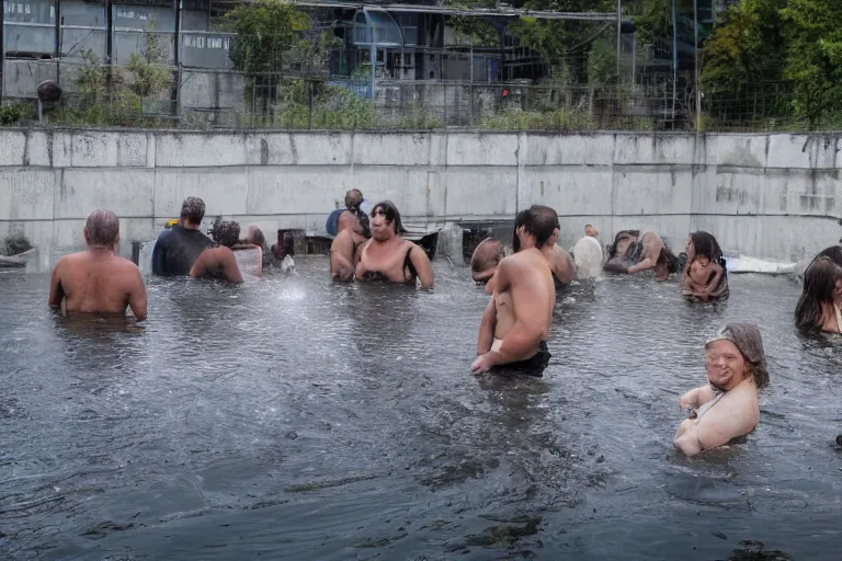 Prompt: people bathing in industrial wastewater