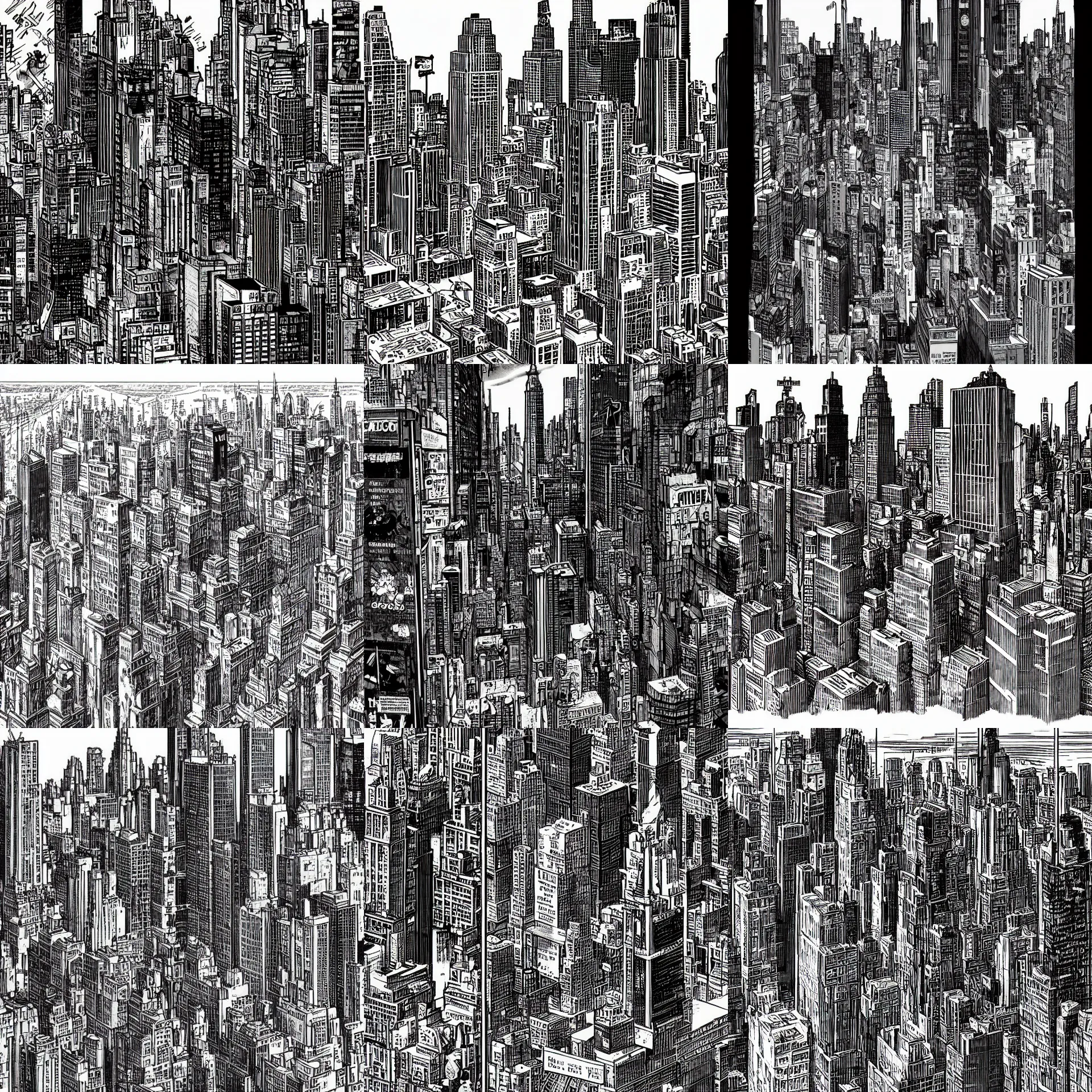 Prompt: tilt - shifted picture of new york city, a page from cyberpunk 2 0 2 0, style of paolo parente, style of mike jackson, 1 9 9 0 s comic book style, white background, ink drawing, black and white