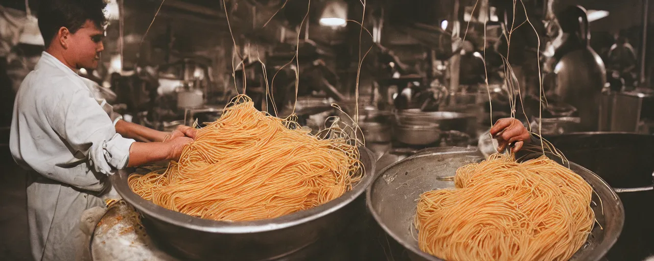 Image similar to a factory where people are processing fresh spaghetti from the tree, canon 5 0 mm, cinematic lighting, photography, retro, film, kodachrome, closeup