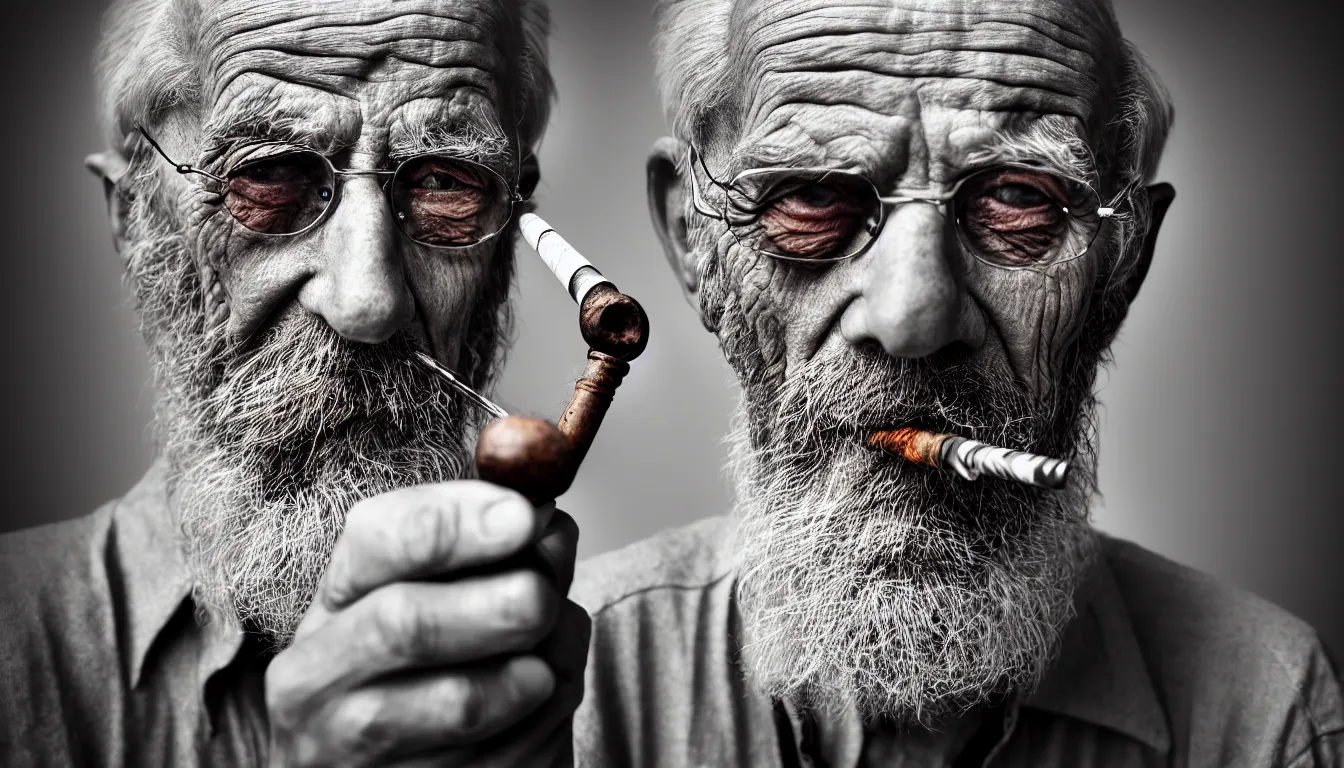 Prompt: hyper realistic color photo, portrait of a single weathered old man smoking pipe, dramatic shadow!!, full colour, upscale, 8 k, masterpiece