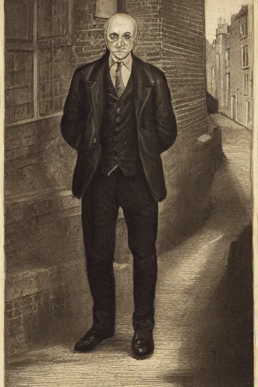 Image similar to portrait of a villain, standing in a gaslit london alleyway