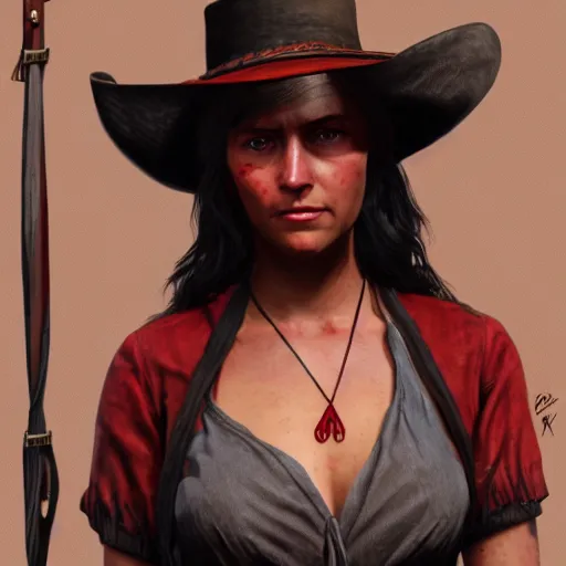 Prompt: tan woman with long dark hair in Red Dead Redemption 2, concept art, 8k, artstation, cgsociety