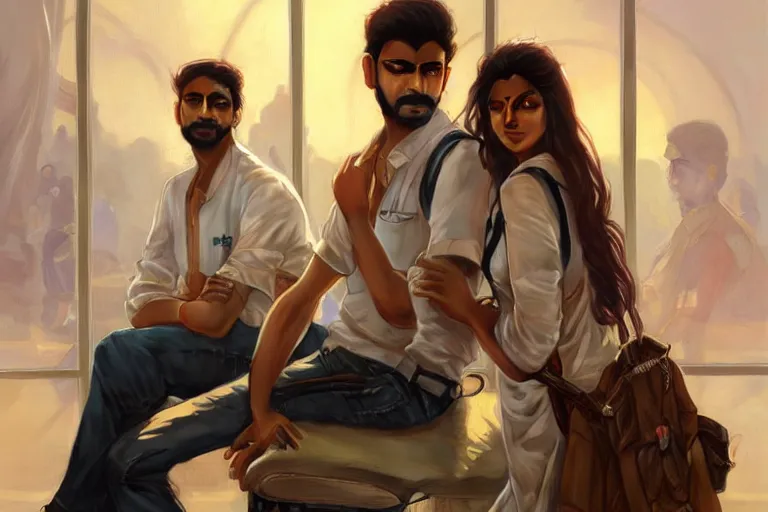 Image similar to Optimistic good looking pale young Indian doctors wearing jeans at the airport, portrait, elegant, intricate, digital painting, artstation, concept art, smooth, sharp focus, illustration, art by artgerm and greg rutkowski and alphonse mucha