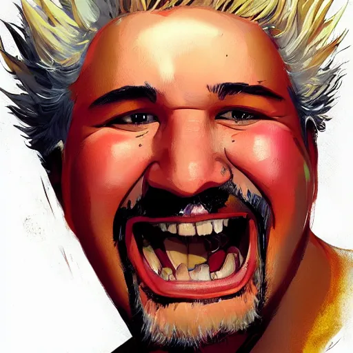 Image similar to a beautiful portrait of guy fieri with no teeth, toothless, gums!!! by greg rutkowski and bill sienkiewicz trending on artstation