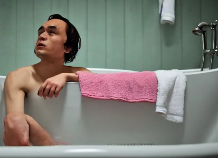 Prompt: frank dillane taking a bubble bath in an old clawfoot bathtub, bubbles!!, shy, awkward, cute, shower cap, rubber ducky, union jack towel, detailed, masterpiece