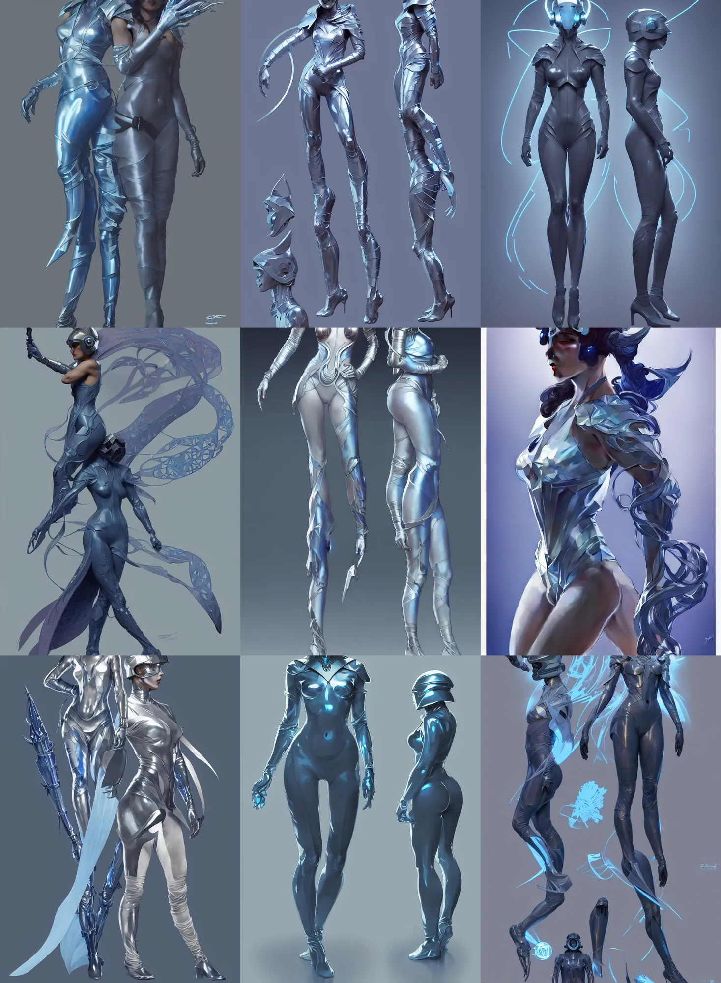 Prompt: a full body character design by artgerm, greg rutkowski and alphonse mucha. sci - fi dagger. laser and grey blue translucent plastic tape project show attctive showgirl!! sci - fi helmet!! sharp edges. contour light effect!!. ultra detailed, elegant, intricate, octane render.