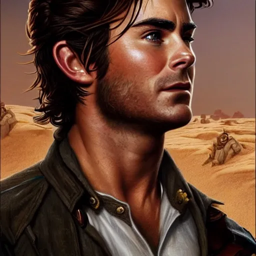 Prompt: A combination of Zac Efron's and Orlando Bloom's and Chris Pine's faces as Nathan Drake, western, D&D, fantasy, intricate, elegant, highly detailed, digital painting, artstation, concept art, matte, sharp focus, illustration, art by Artgerm and Greg Rutkowski and Alphonse Mucha