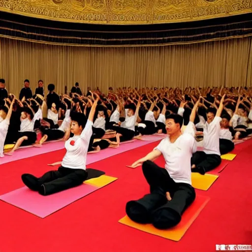 Image similar to Xi Jinping doing yoga on a theatre stage people clapping in front, in the style of Lucian Freud paintings